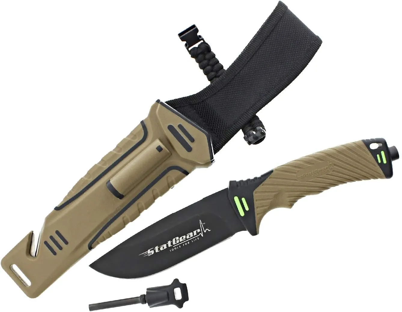 StatGear Surviv-All Fixed-Blade Bowie Knife with Sheath, Firestarter, Sharpener & Cord Cutter for Hunting Camping Outdoors Hiking EDC