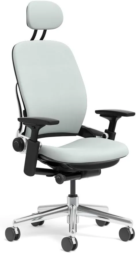 Steelcase Leap Task Chair: Polished Aluminum Base - 4D Adjustable Arms - Headrest - Standard Carpet Casters
