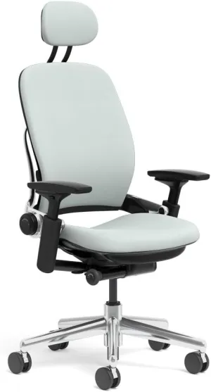 Steelcase Leap Task Chair: Polished Aluminum Base - 4D Adjustable Arms - Headrest - Standard Carpet Casters