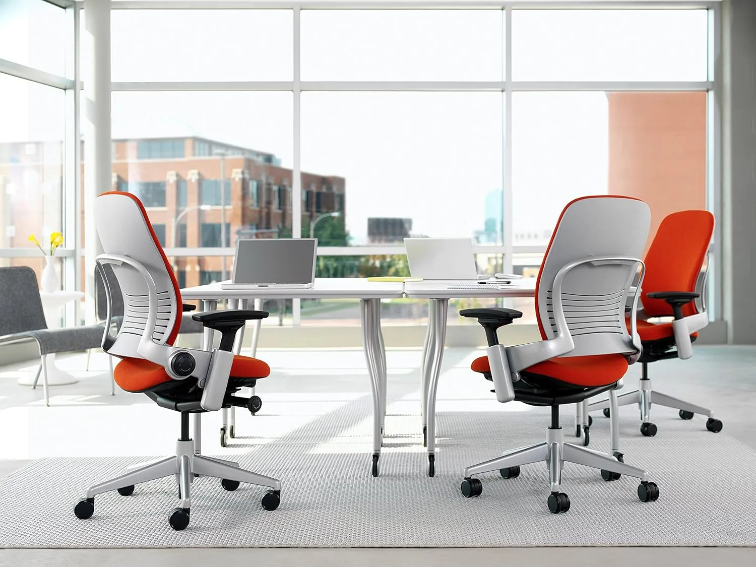 Steelcase Leap Task Chair: Polished Aluminum Base - 4D Adjustable Arms - Headrest - Standard Carpet Casters