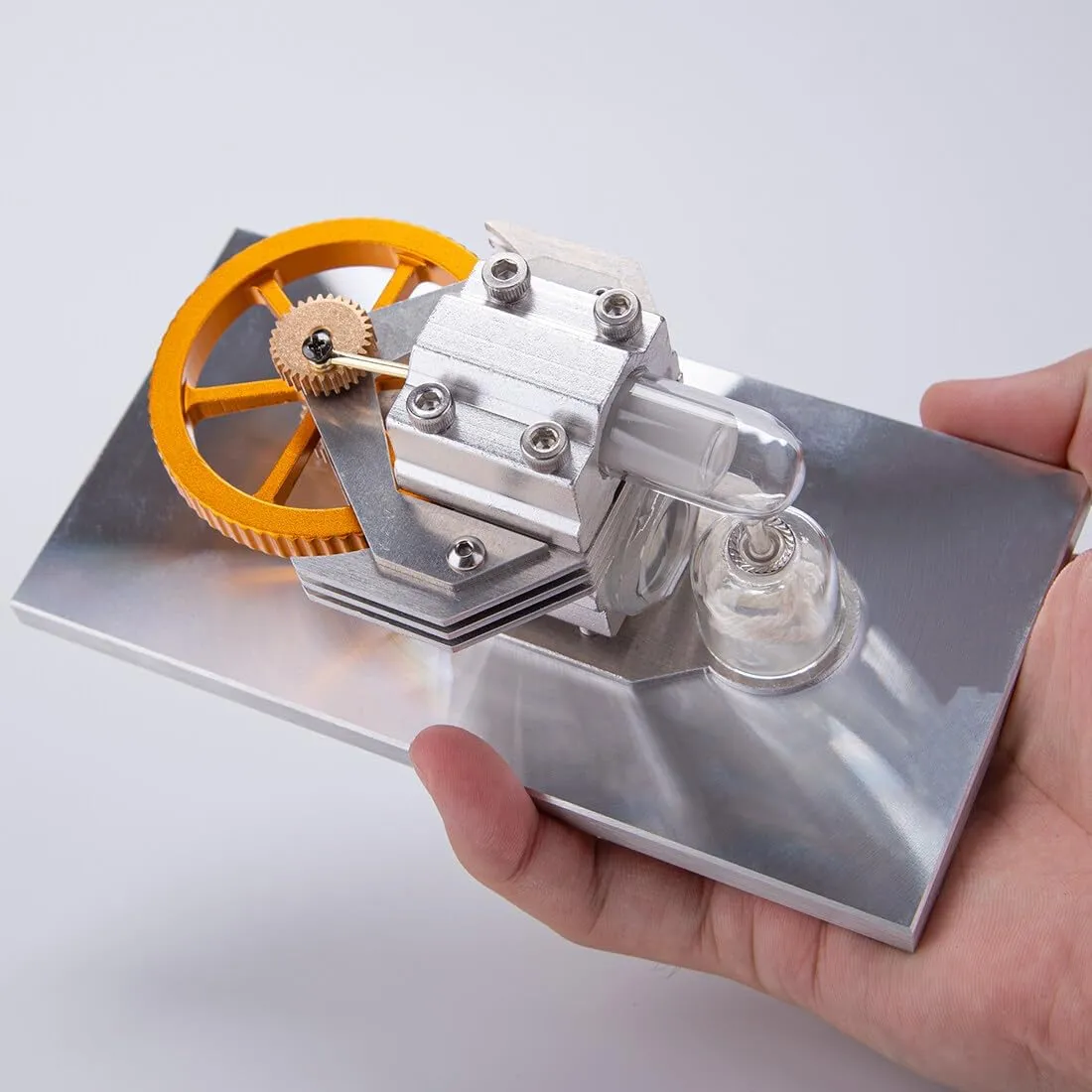 Stirling Engine Model Kit, Horizontal Flywheel High-Spee Hot Air Stirling Engine with Quartz Glass & Metal Base for Physical Science Experiment Display
