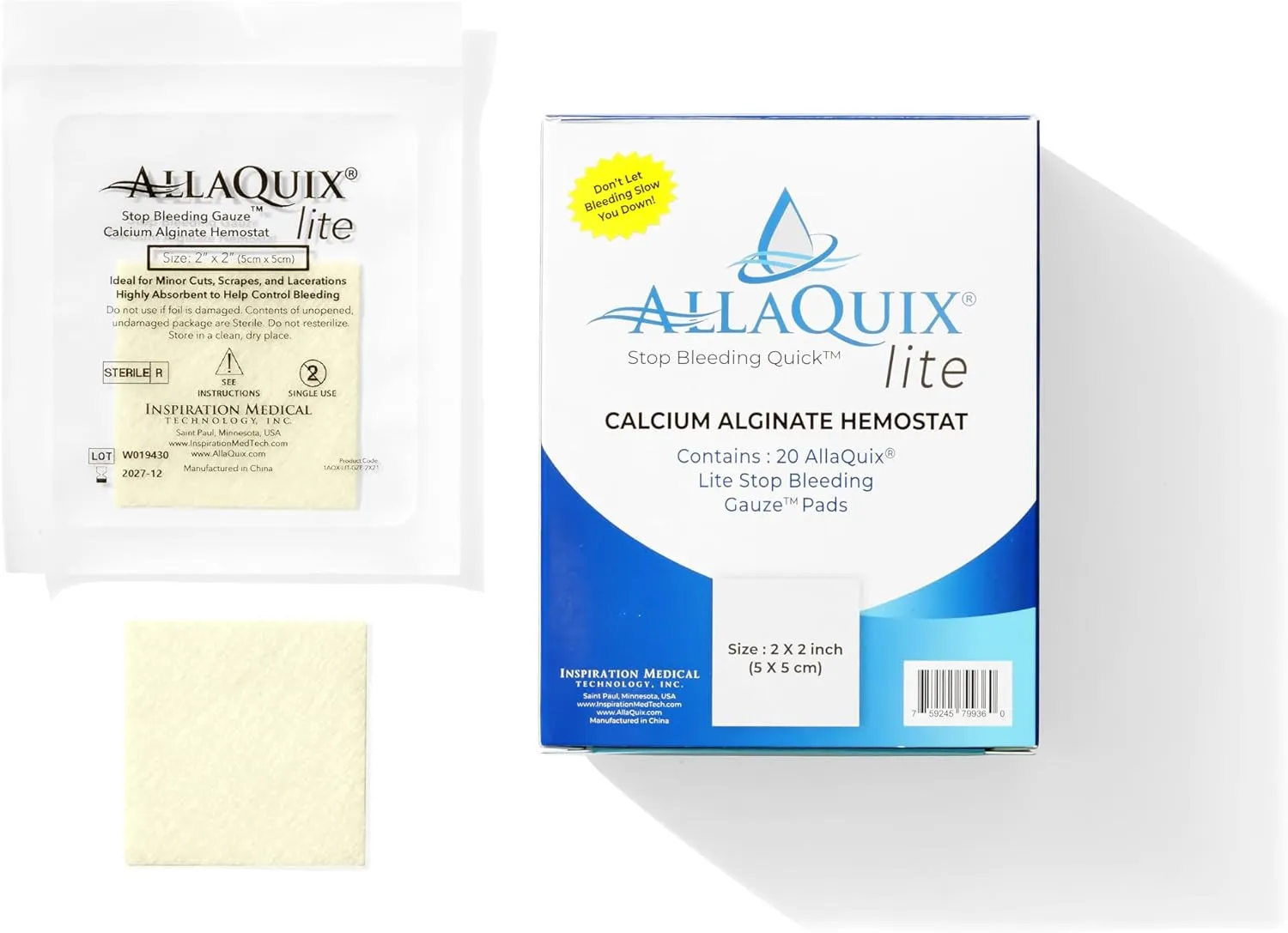 Stop Bleeding Fast – AllaQuix Lite Hemostatic Gauze Pads 2" x 2" – Calcium Alginate Wound Dressing – Sterile, Non-Adherent, High Absorbency – First Aid for Minor Cuts – 20 Count
