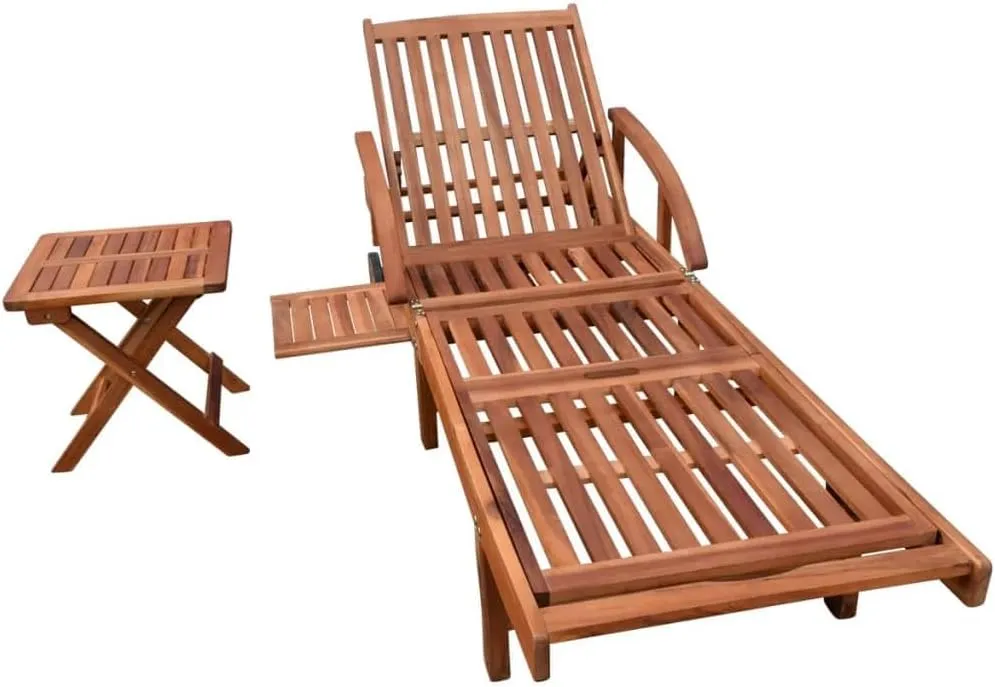 Sun Lounger with Table Solid Acacia Woodtanning Chair Camping Chairs Patio Recliner Suitable for Garden Courtyard