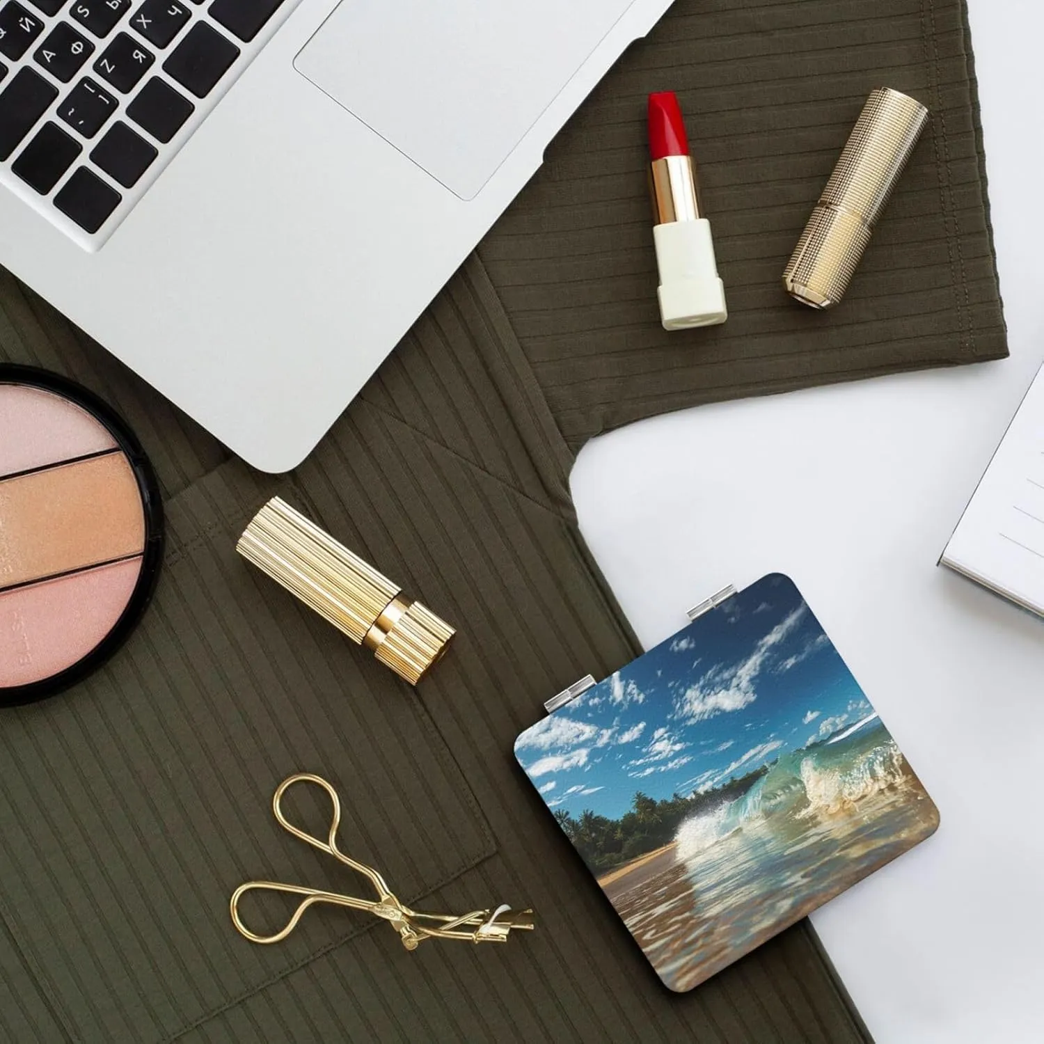 Sunny Wave Beach Printed Square Pocket Makeup Mirror with 1X/2X Magnification, Portable Mini Travel Makeup Mirror for Travel Daily Work Beauty