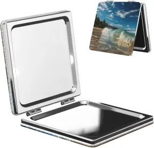 Sunny Wave Beach Printed Square Pocket Makeup Mirror with 1X/2X Magnification, Portable Mini Travel Makeup Mirror for Travel Daily Work Beauty