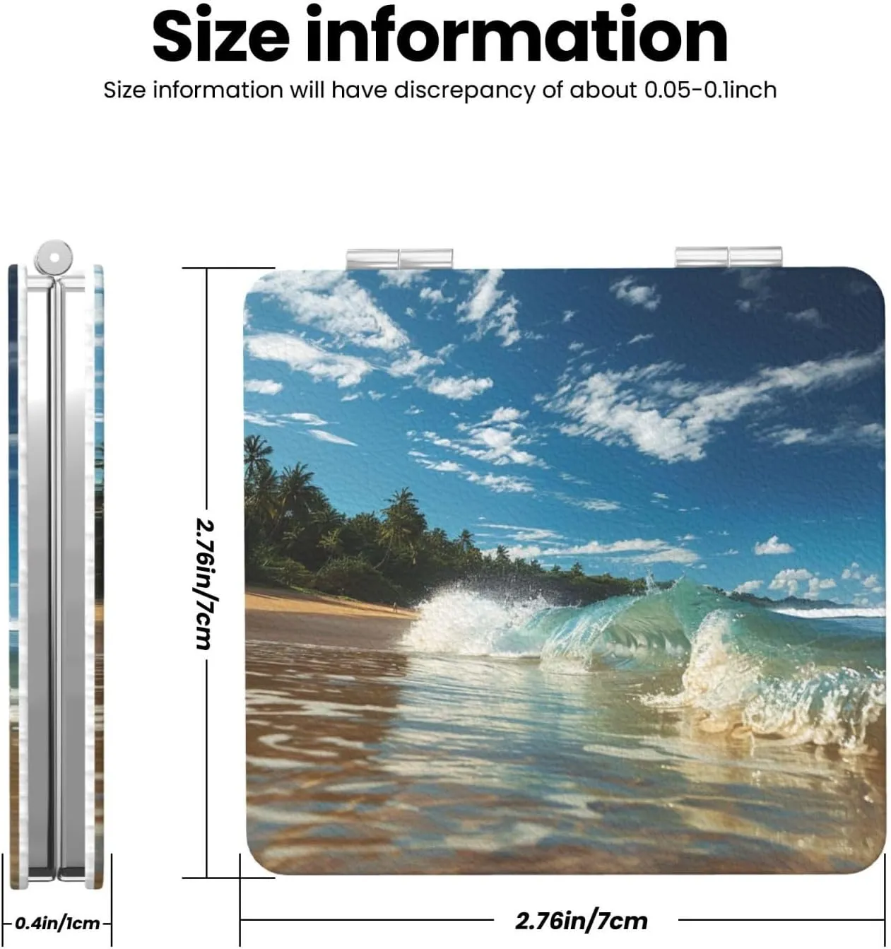 Sunny Wave Beach Printed Square Pocket Makeup Mirror with 1X/2X Magnification, Portable Mini Travel Makeup Mirror for Travel Daily Work Beauty