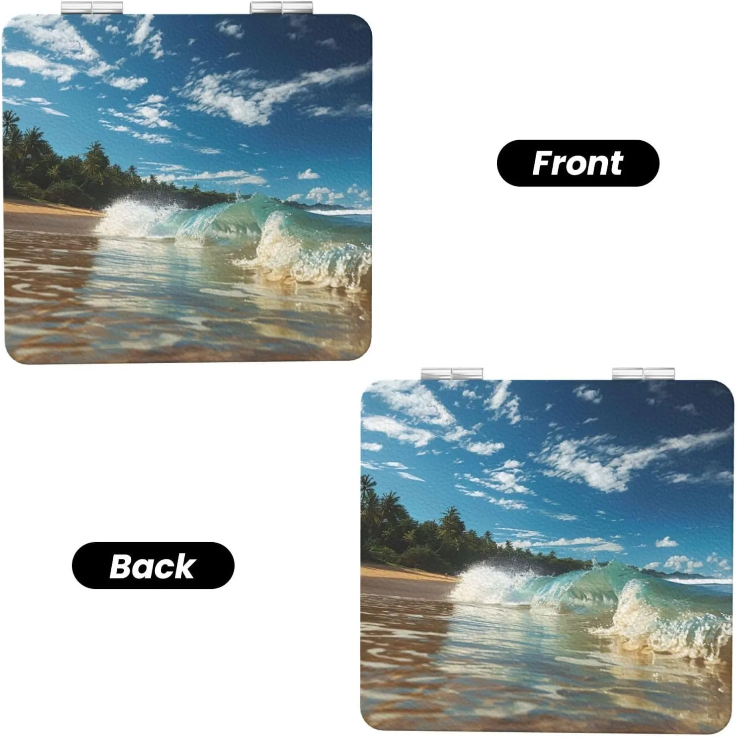 Sunny Wave Beach Printed Square Pocket Makeup Mirror with 1X/2X Magnification, Portable Mini Travel Makeup Mirror for Travel Daily Work Beauty