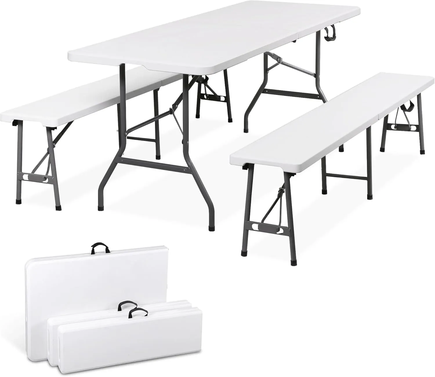 SUPER DEAL Folding Table Set with 2 Benches, 6 FT Camping Picnic Table Set, Outdoor Indoor Portable Furniture for Working Meeting Wedding Party w/Handle and Safety Lock, White