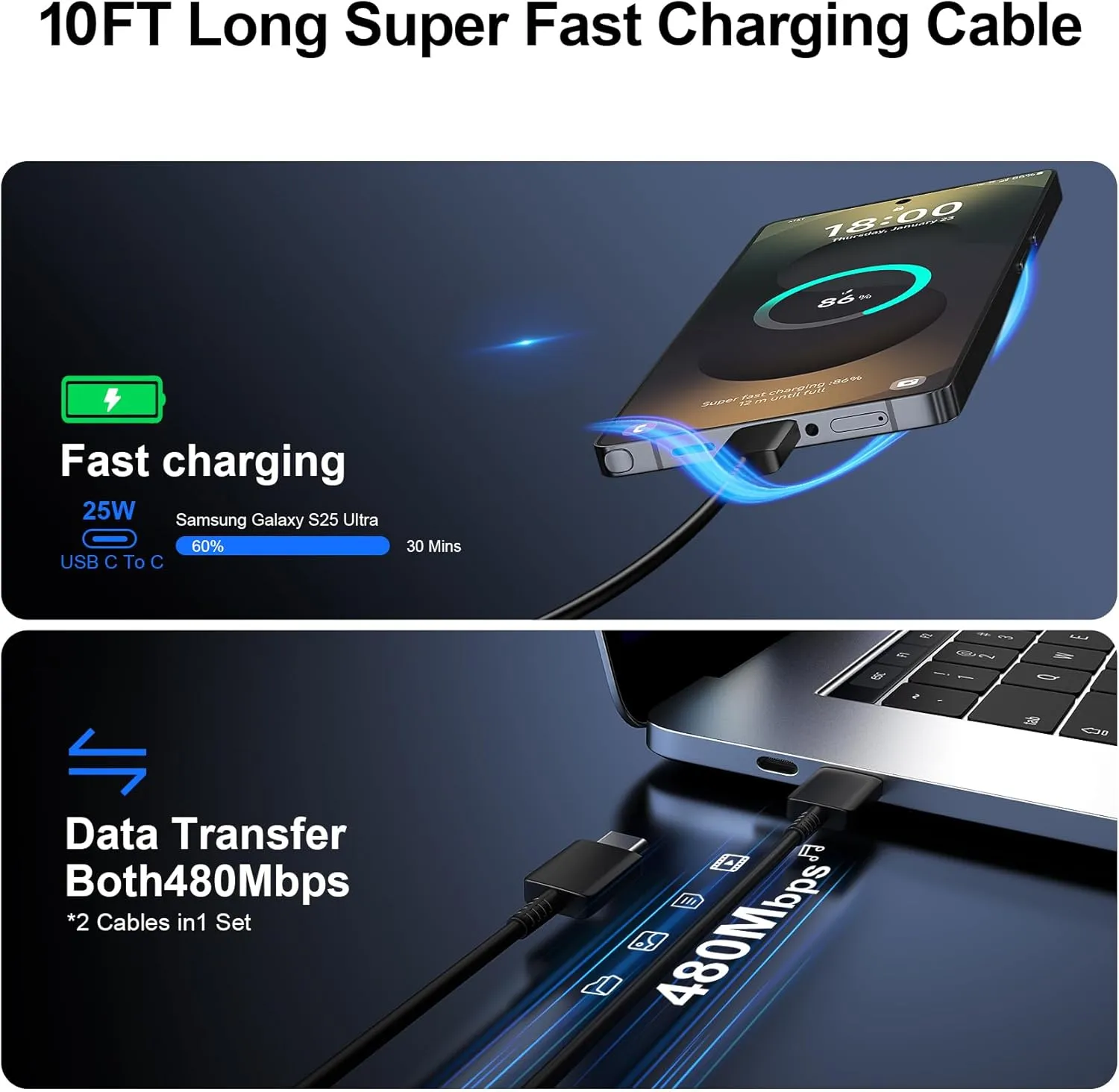 Super Fast Charger Type C, 25W USB C Wall Charger Fast Charging for Samsung Galaxy S25 Ultra/S25/S25 /S24 /S24 Ultra/S24/S24 /S23 Ultra/S22 Ultra/S21 with 10FT Long Android Type C Charger Cable 2Pack