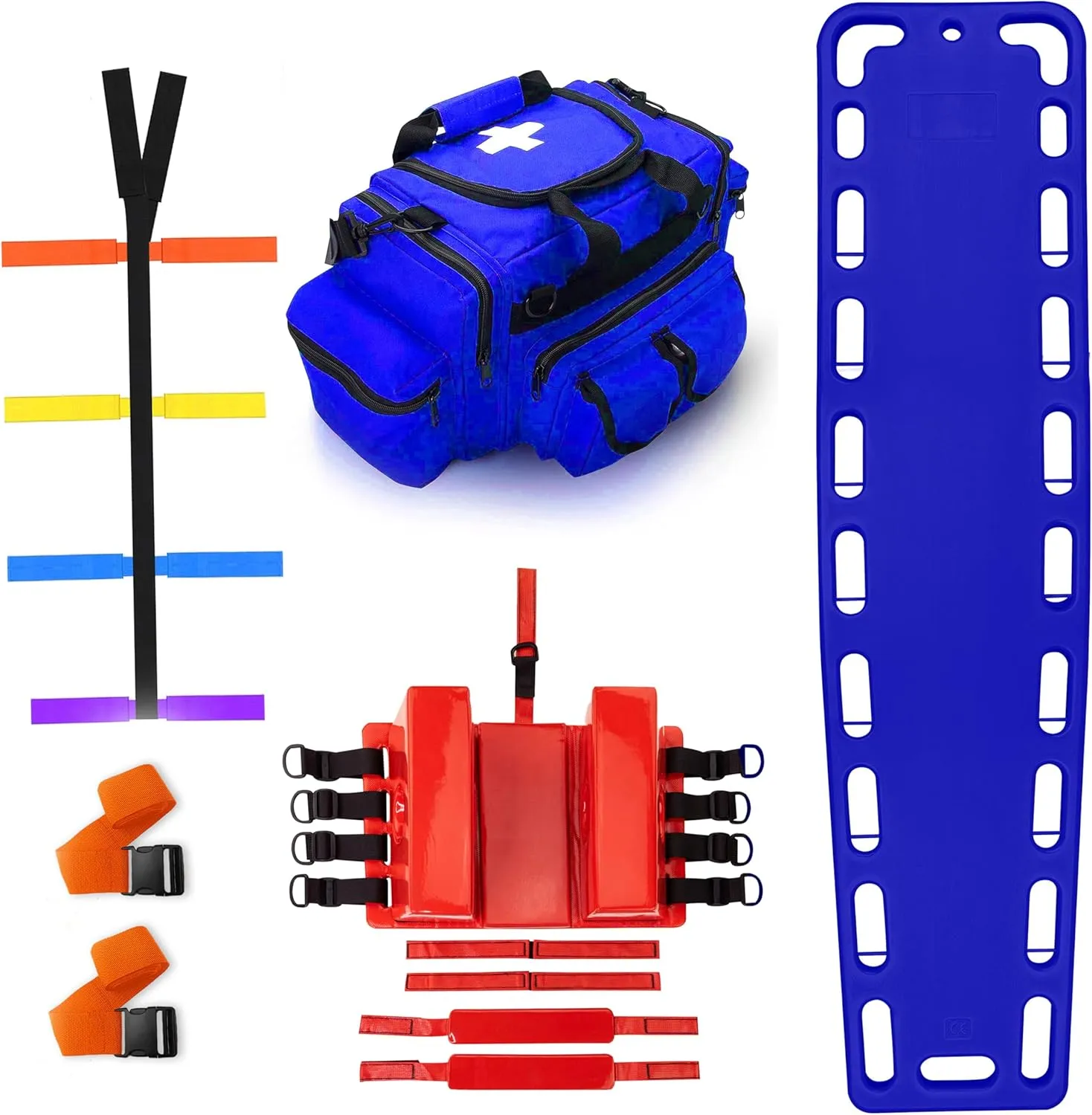 SURGICAL ONLINE First Responder EMT Backboard Spine Board Rescue Stretcher Immobilization with Head Bed and Spider Straps - Gift EMT Trauma Bag (Blue)