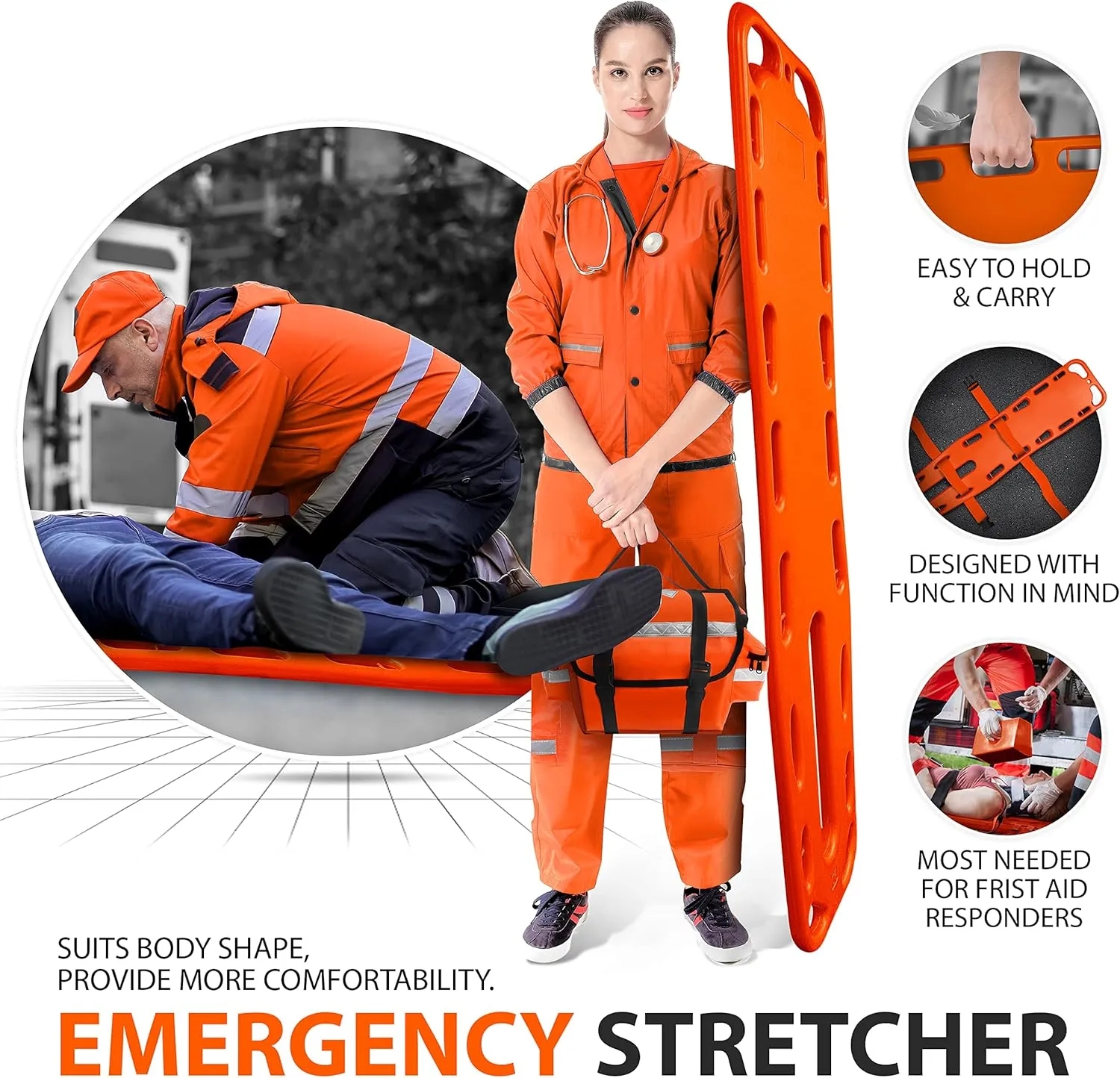 SURGICAL ONLINE First Responder EMT Backboard Spine Board Stretcher Immobilization with Head Bed and Spider Straps - Gift EMT Trauma Bag … (Orange)