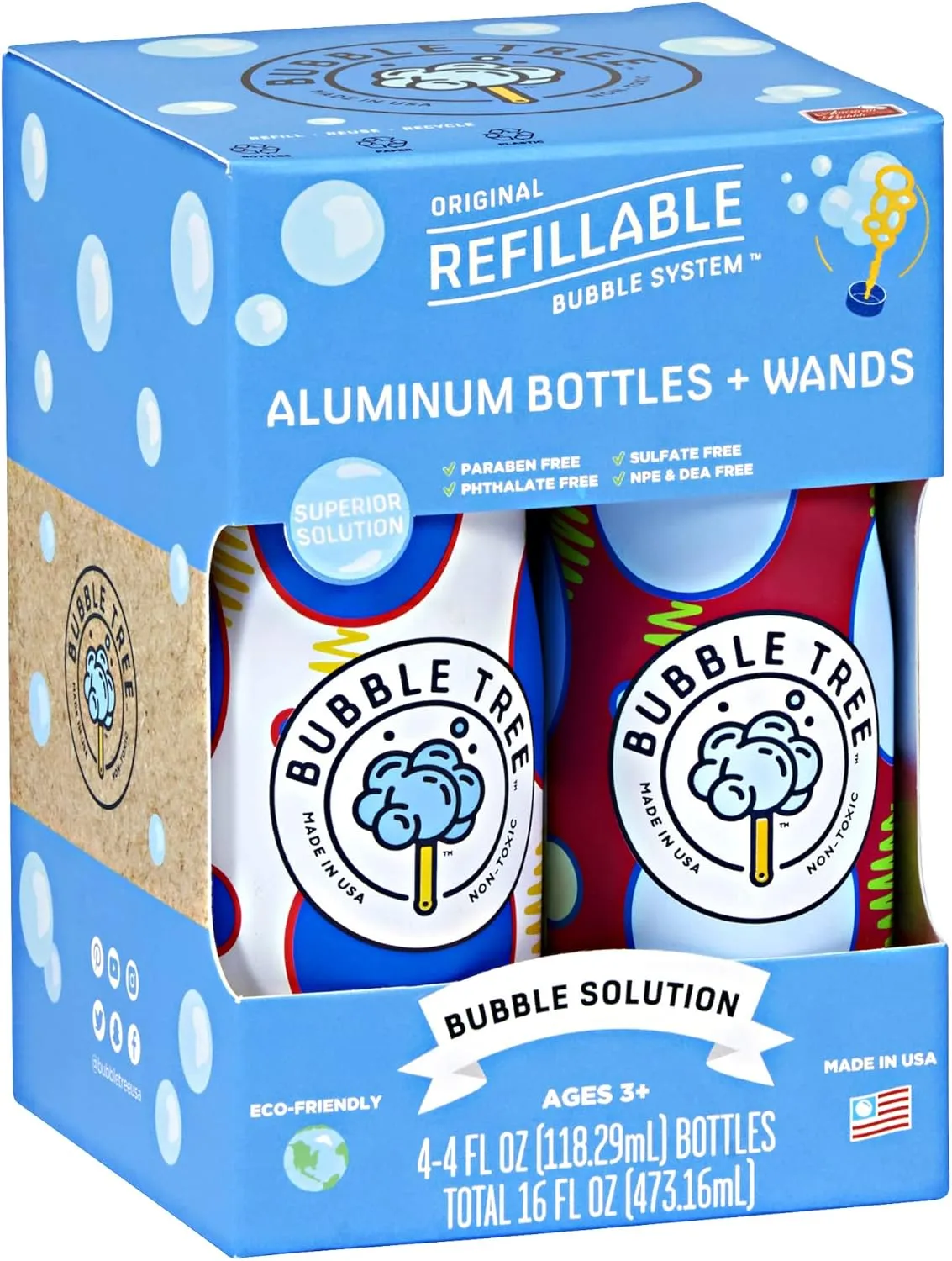 Sustainable Bubble Tree Original Refillable Bubble System Aluminum Bottles (4 Pack of Bubble Solution Made in The USA)