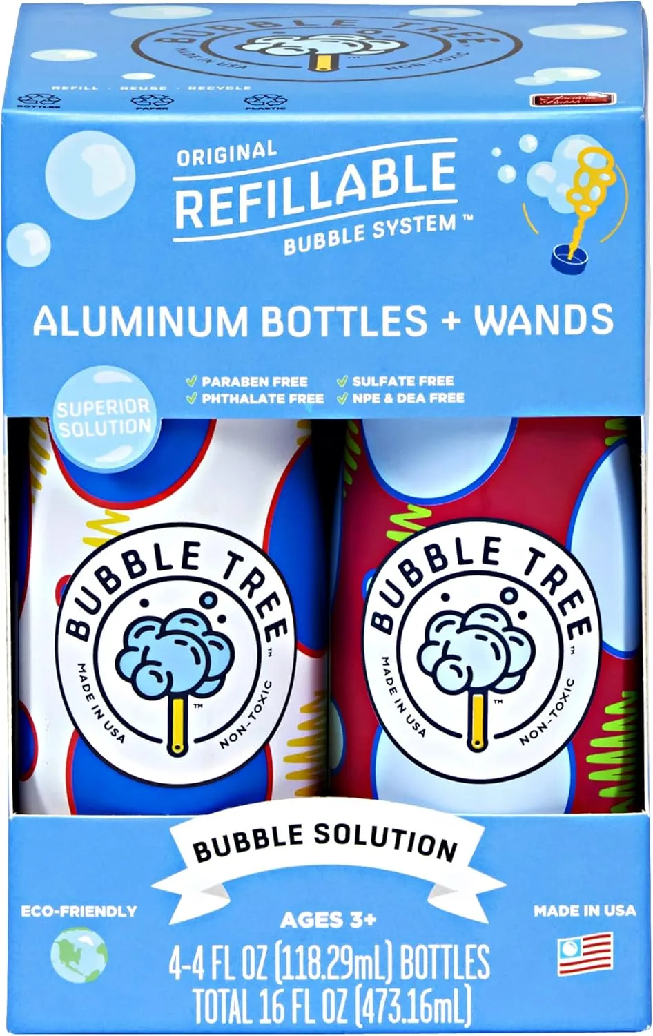 Sustainable Bubble Tree Original Refillable Bubble System Aluminum Bottles (4 Pack of Bubble Solution Made in The USA)