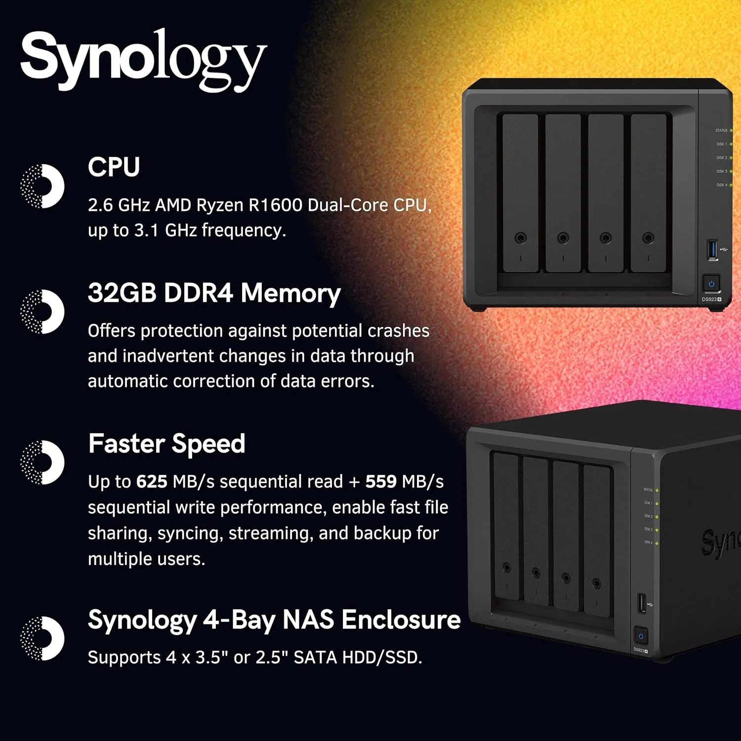 Synology DiskStation DS923  4-Bay NAS Enclosure Server, Network Attached Storage, Data Management Solution, AMD Ryzen R1600 Dual-Core up to 3.1 GHz,(32GB DDR4 RAM | NO HDD, SSD)