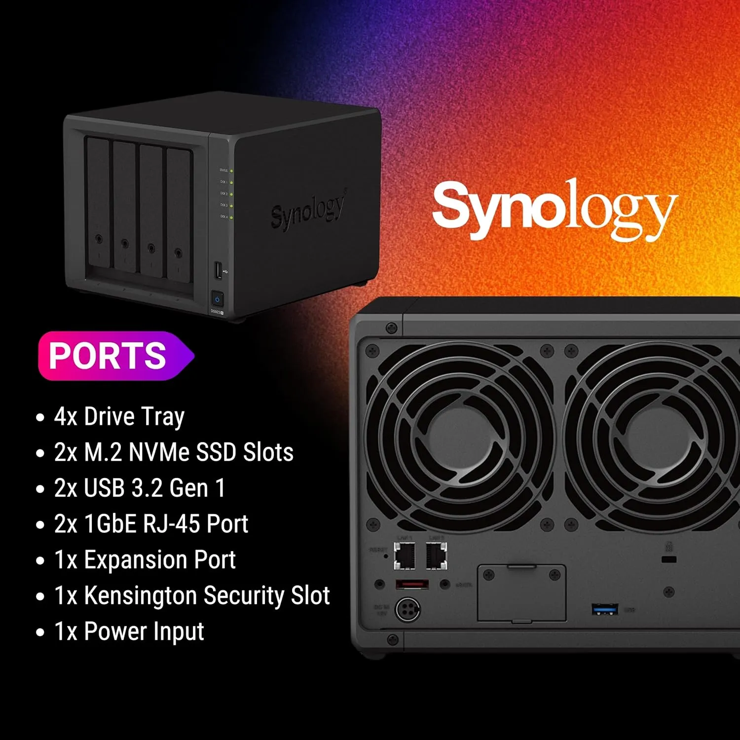 Synology DiskStation DS923  4-Bay NAS Enclosure Server, Network Attached Storage, Data Management Solution, AMD Ryzen R1600 Dual-Core up to 3.1 GHz,(32GB DDR4 RAM | NO HDD, SSD)