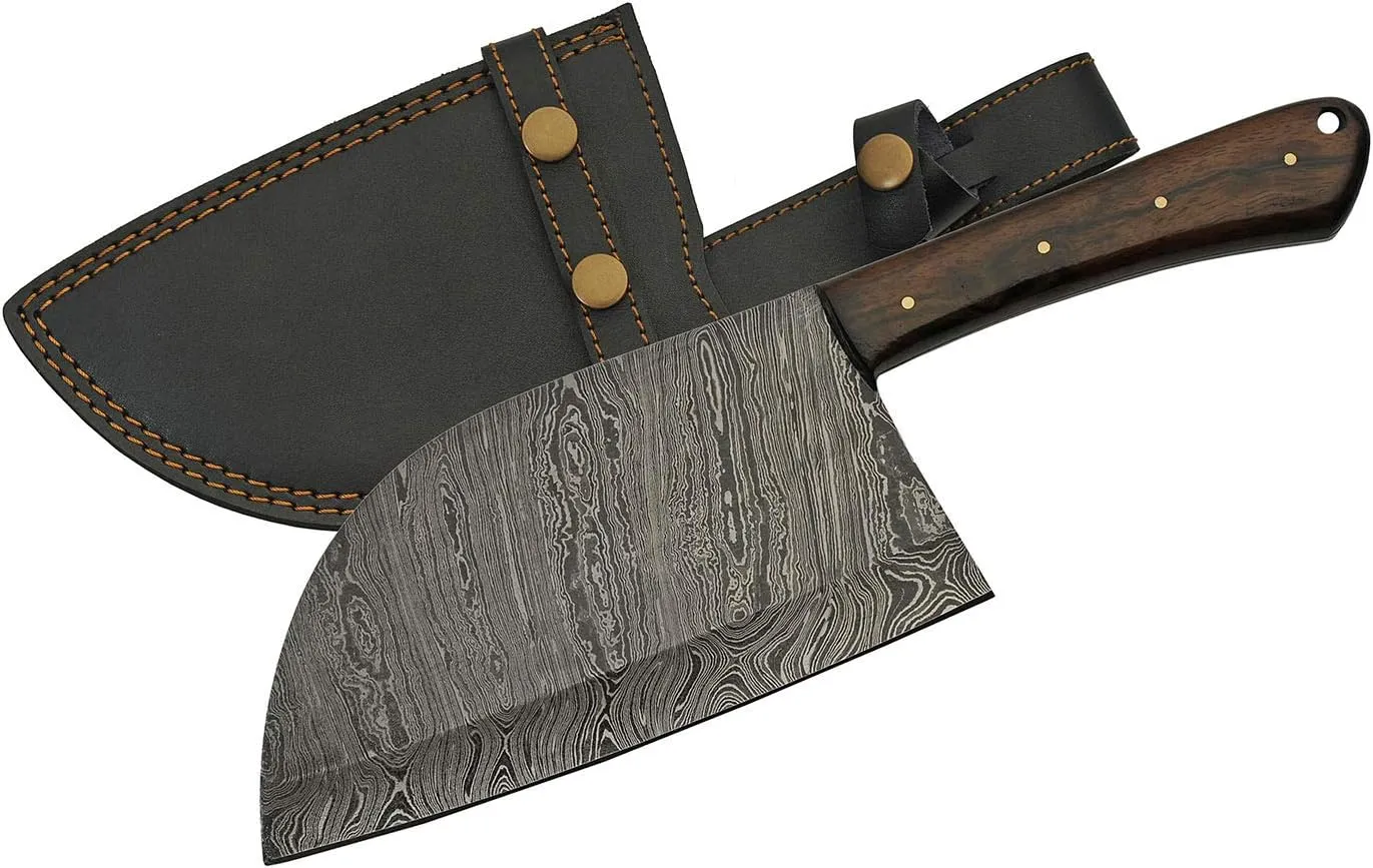 Szco Supplies 11.5" Walnut Wood Handle Full-Tang Damascus Steel Butcher's Cleaver Knife with Leather Sheath
