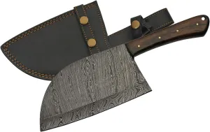 Szco Supplies 11.5" Walnut Wood Handle Full-Tang Damascus Steel Butcher's Cleaver Knife with Leather Sheath