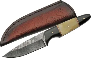 Szco Supplies 7.5" Horn and Bone Handle Damascus Outdoor Hunting Knife with Sheath