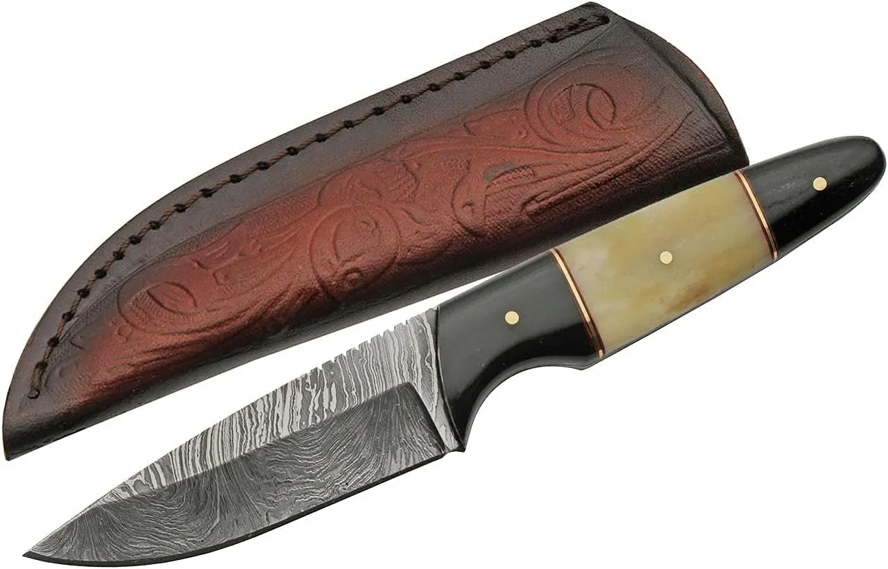 Szco Supplies 7.5" Horn and Bone Handle Damascus Outdoor Hunting Knife with Sheath