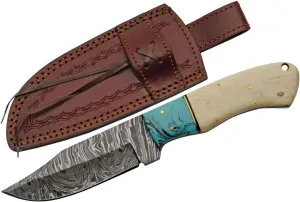Szco Supplies 8.5" Damascus Steel Bone Handle Hunting Knife with Sheath, White/Turquoise (DM-1275)