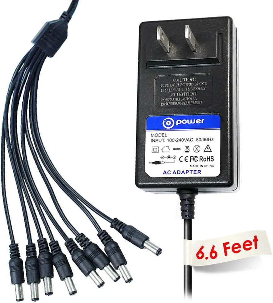 T-Power 6.6ft Cable Ac Dc Adapter Charger for for 12V DC Iseeusee, Kguard, Night Owl, Q-See, Swann, Zmodo, VideoSecu CCTV Security Camera Power Supply 48 Channel Power Supply