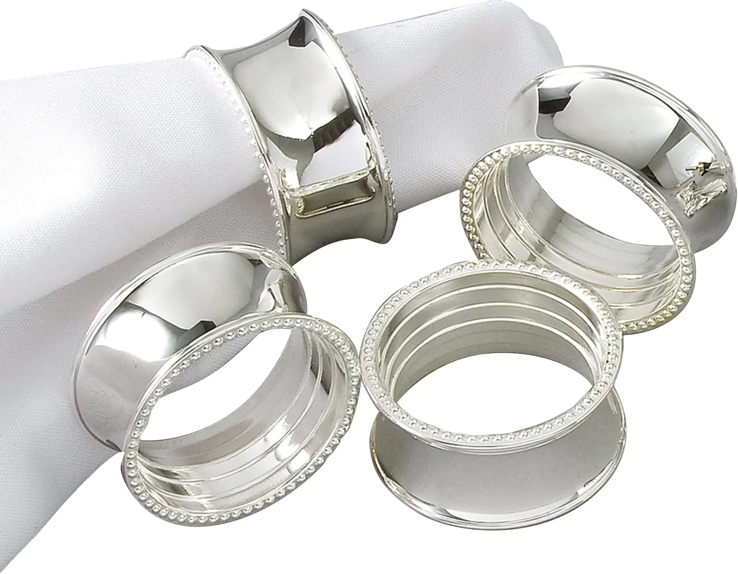 Tableware Beaded Round Napkin Rings, Silver-Plated, Set of 4, dia 3.5cm