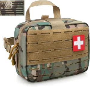 Tactical Molle Medical Pouch - Upgraded Size, Large Capacity IFAK Pouch with Detachable Quick Release and Headrest Mount, Includes Flag and Cross Patch