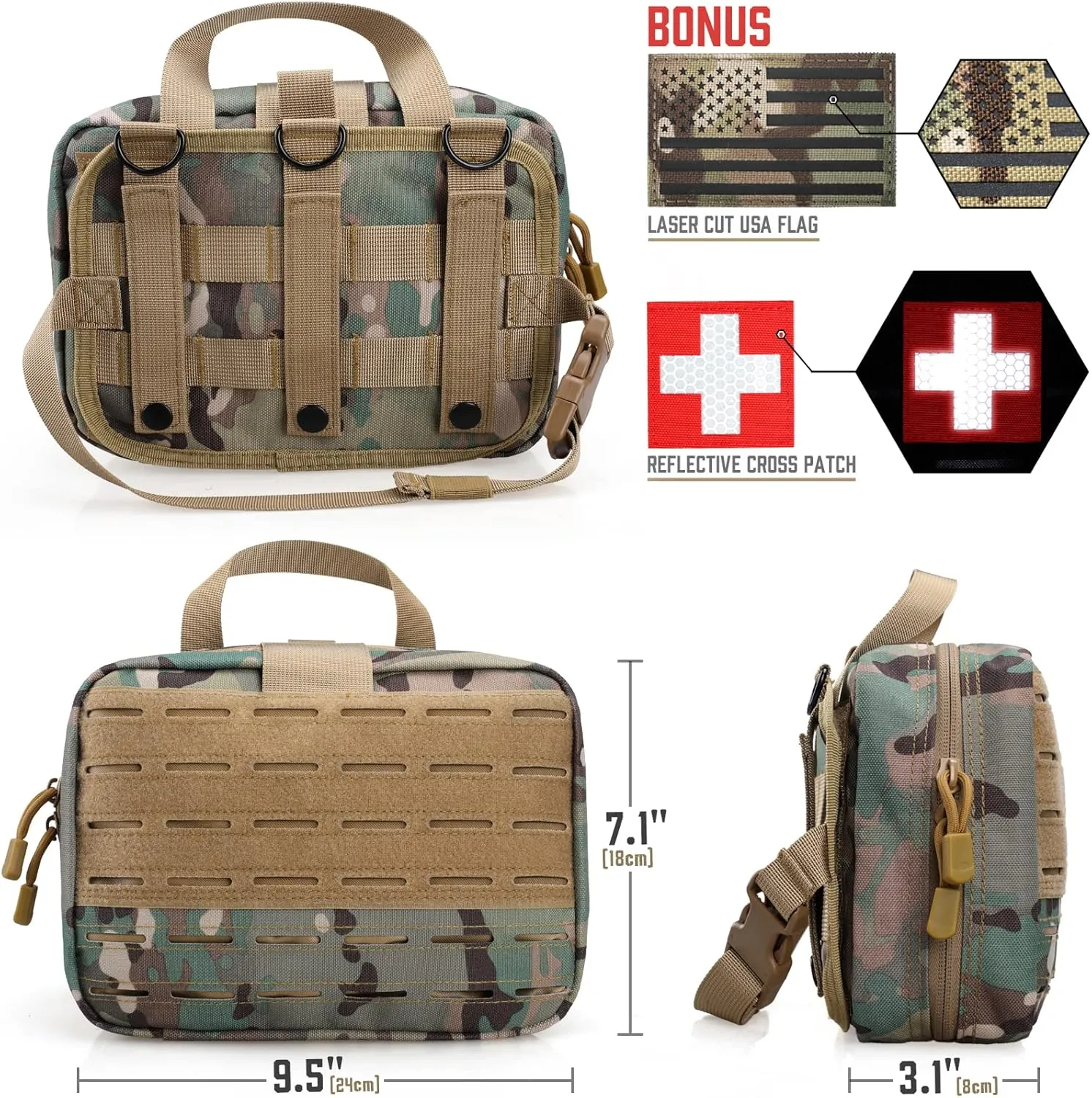 Tactical Molle Medical Pouch - Upgraded Size, Large Capacity IFAK Pouch with Detachable Quick Release and Headrest Mount, Includes Flag and Cross Patch