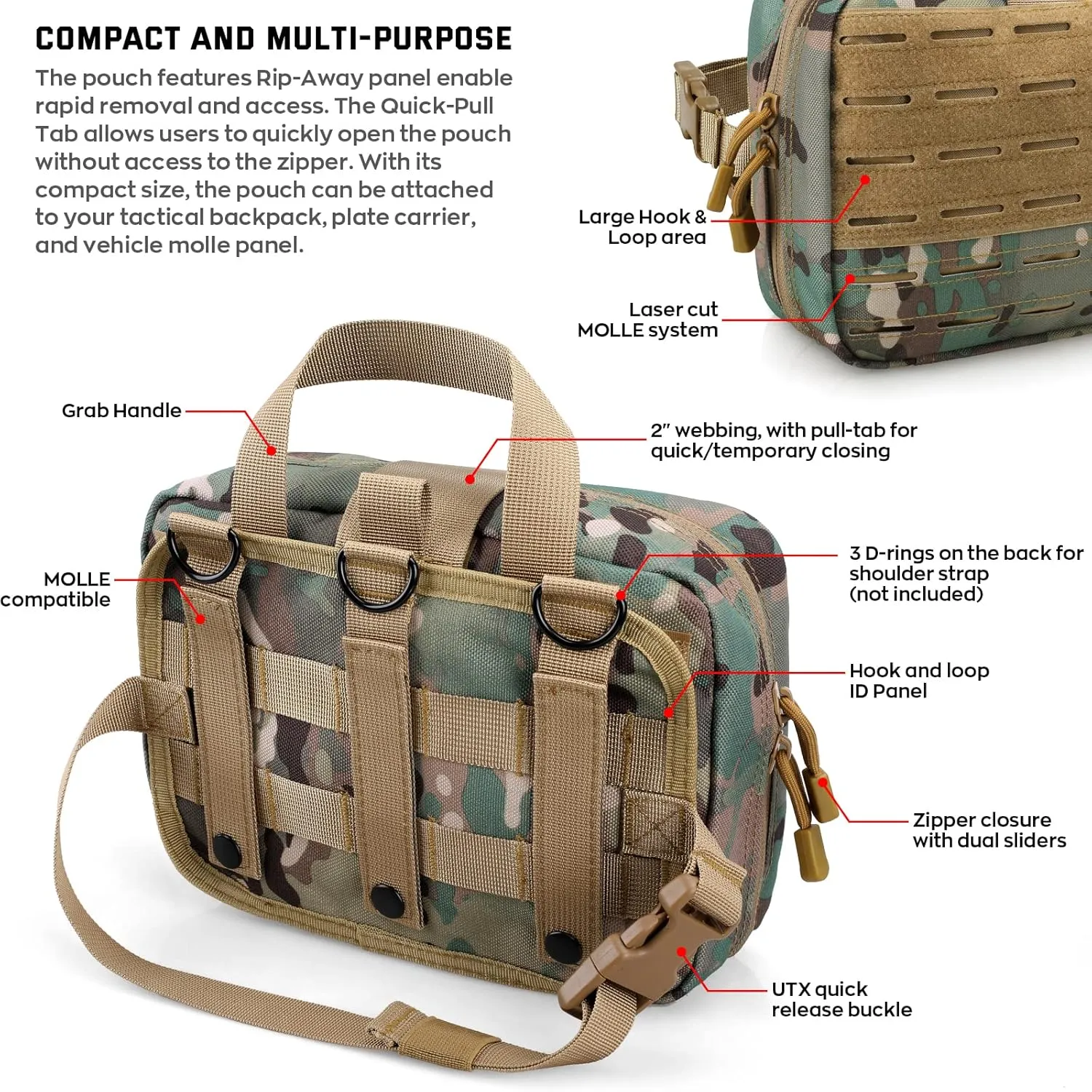 Tactical Molle Medical Pouch - Upgraded Size, Large Capacity IFAK Pouch with Detachable Quick Release and Headrest Mount, Includes Flag and Cross Patch
