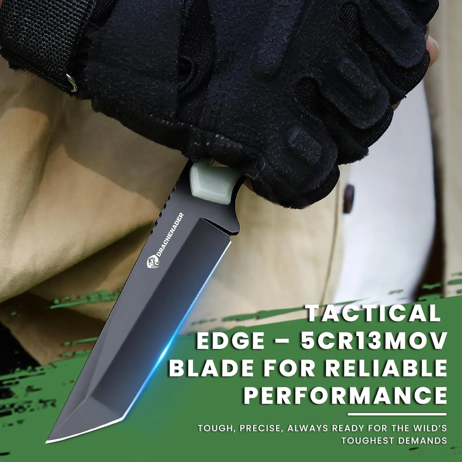 Tanto Fixed Blade Knife SOLIXAR, 8.54" Tactical Survival Knife with Fire Starter, ABS Handle, Non-slip Grip, Natural