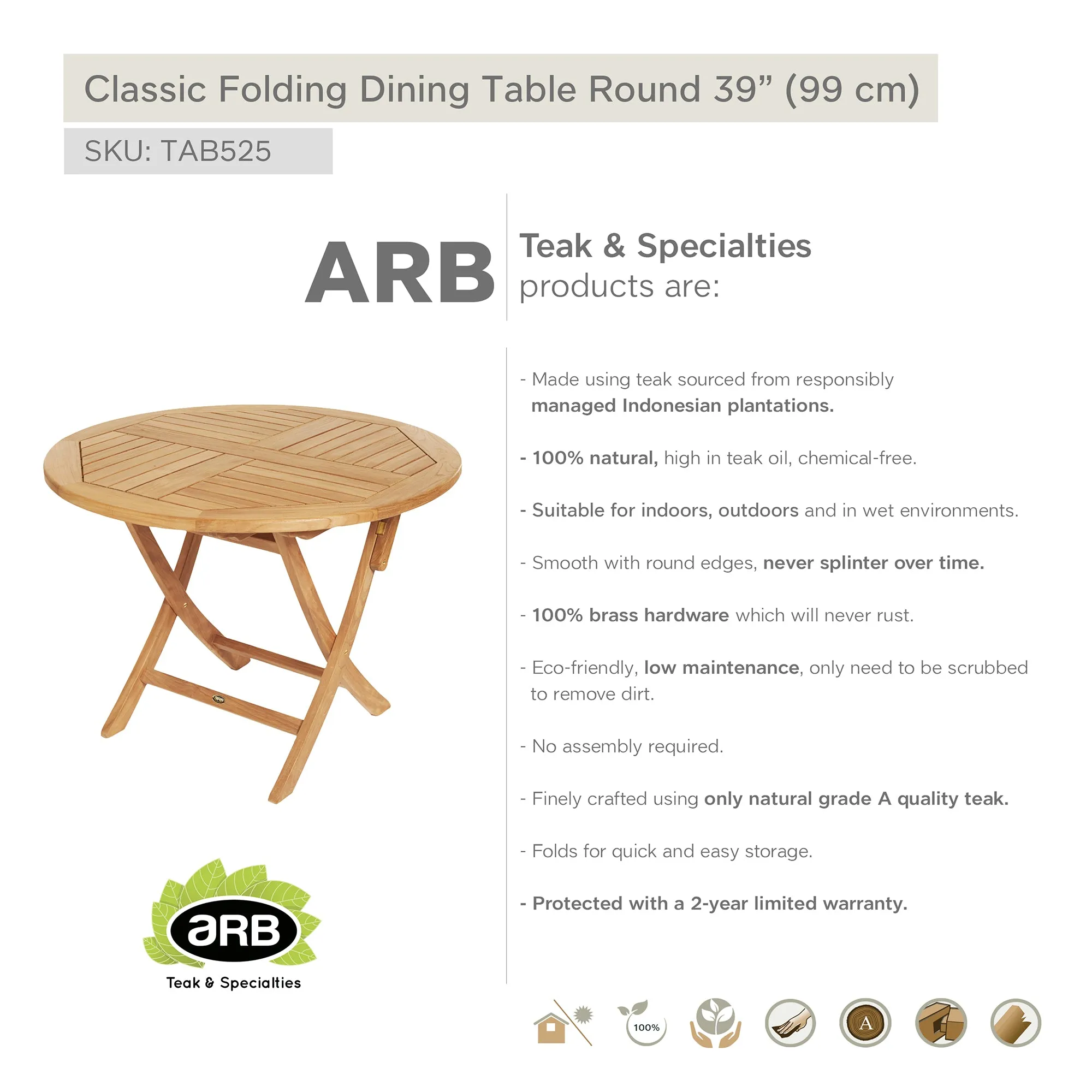 Teak Folding Classic Dining Table - Round 40" (100 cm)