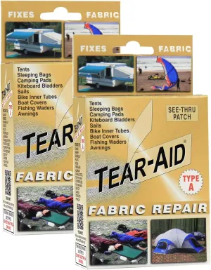 TEAR-AID Fabric Repair Kit, Type A Clear Patch for Canvas, Fiberglass, Leather, Polyester, Nylon & More, Gold Box, 2 Pack
