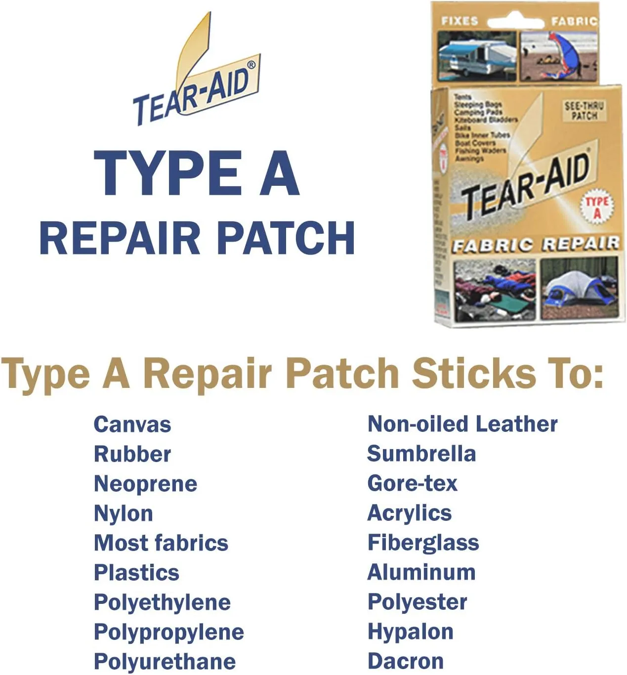 TEAR-AID Fabric Repair Kit, Type A Clear Patch for Canvas, Fiberglass, Leather, Polyester, Nylon & More, Gold Box, 2 Pack