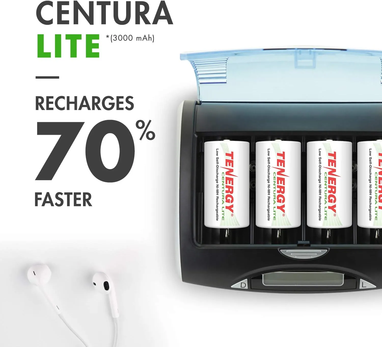 Tenergy 4 Pack Centura Lite D Size Batteries and TN486U 5-Bay Universal Battery Charger with LCD, Micro USB/Type C Input