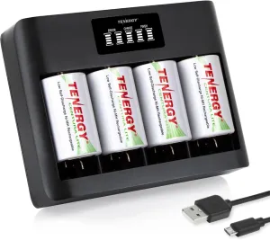 Tenergy 4 Pack Centura Lite D Size Batteries and TN486U 5-Bay Universal Battery Charger with LCD, Micro USB/Type C Input