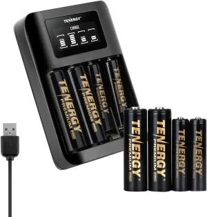 Tenergy Premium Pro 4 Pack AA and 4 Pack AAA Rechargeable Batteries and Portable TN474U Battery Charger, Ideal for High Performance Professional Electronics