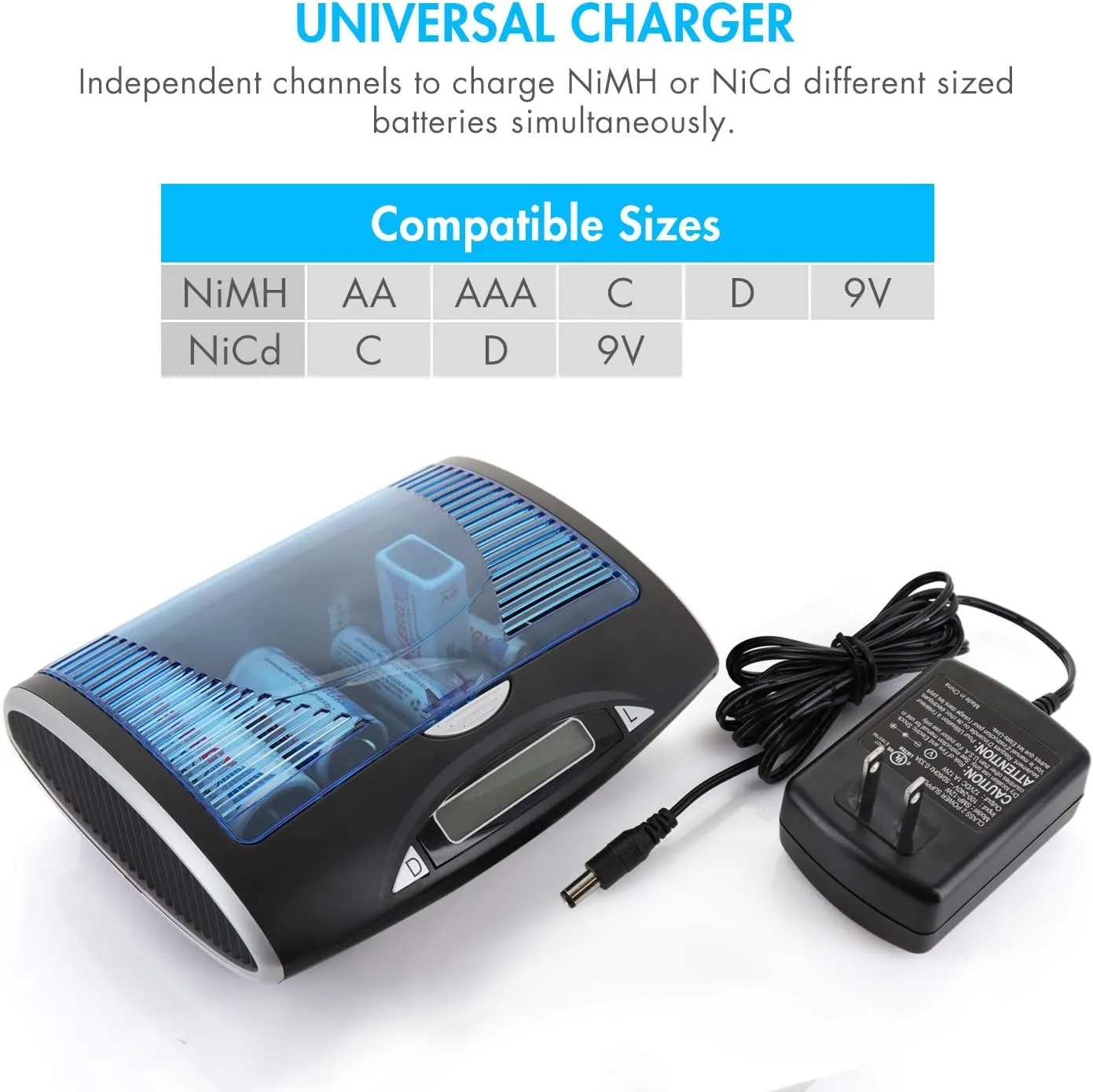 Tenergy Smart Battery Charger for NIMH/NICD AA/AAA/C/D/9V Batteries, LCD Universal Rechargeable Battery Charger with Automatic Charge/Discharge Function & 5V USB Port for Digital Devices