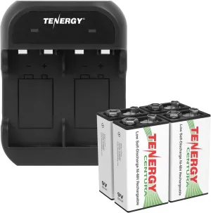 Tenergy TN141 2 Bay 9V Smart Charger with 4 pcs Centura Low Self-Discharge 9V NiMH Rechargeable Batteries