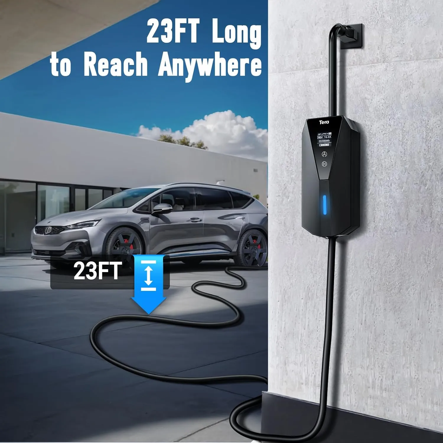 Tera Electric Vehicle Charger Portable: Level 2 & 1 J1772 16A 8A 110V 240V ETL NEMA 6-20 Plug Indoor & Outdoor EV Charging Station with NEMA 5-15 Adapter Cord 23FT Cable B08