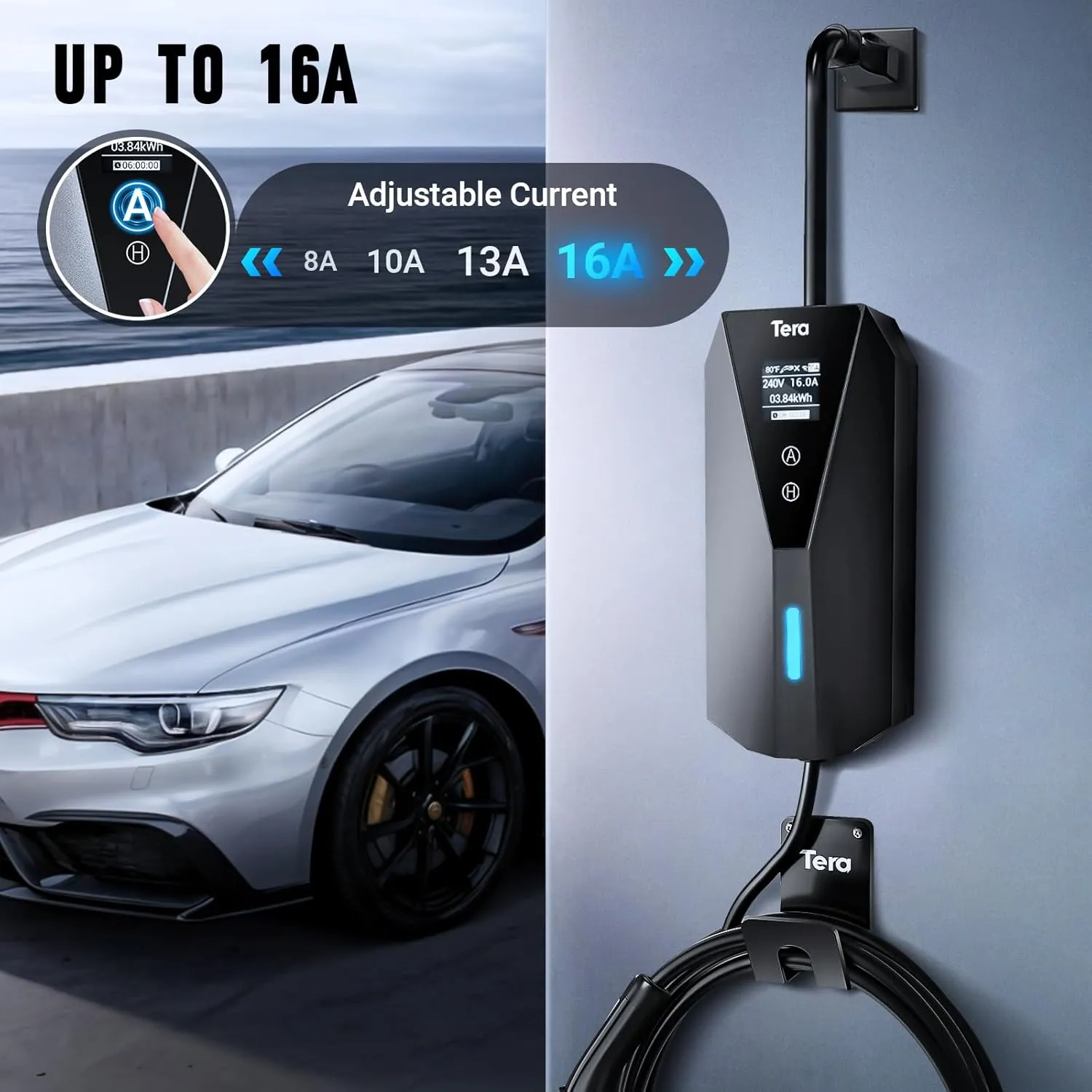Tera Electric Vehicle Charger Portable: Level 2 & 1 J1772 16A 8A 110V 240V ETL NEMA 6-20 Plug Indoor & Outdoor EV Charging Station with NEMA 5-15 Adapter Cord 23FT Cable B08