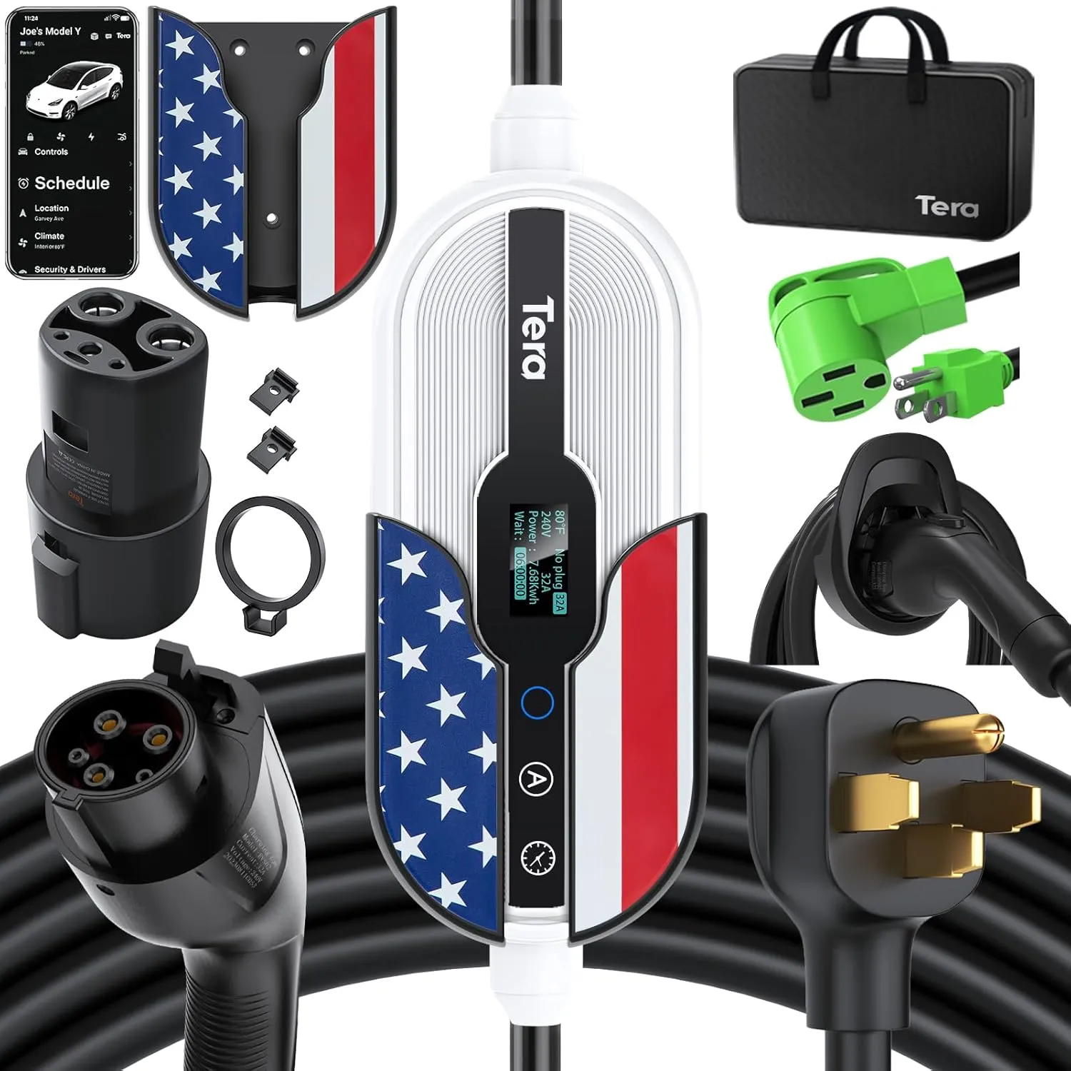 Tera Portable Electric Vehicle Charger: Level 1 & 2 EV Charger with 32 Amps 240V Adjustable Current 25FT Charging Cable with Holder NEMA 14-50 Plug