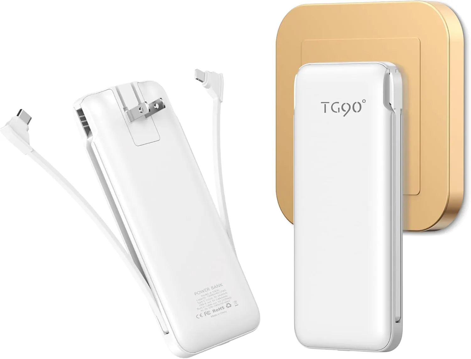 TG90° Power Bank with Built in AC Wall Plug, Ultra Slim 10000mah Portable Charger with Built in Cables External Battery Pack Compatible with iPhone Android Smart Devices