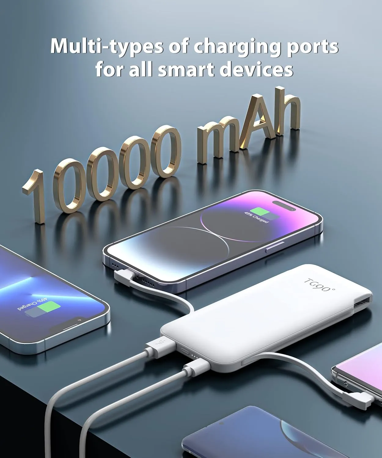 TG90° Power Bank with Built in AC Wall Plug, Ultra Slim 10000mah Portable Charger with Built in Cables External Battery Pack Compatible with iPhone Android Smart Devices