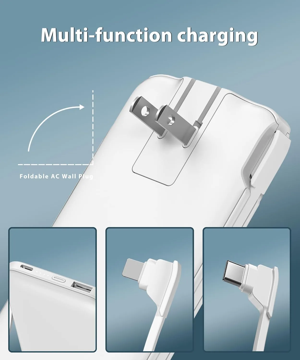 TG90° Power Bank with Built in AC Wall Plug, Ultra Slim 10000mah Portable Charger with Built in Cables External Battery Pack Compatible with iPhone Android Smart Devices