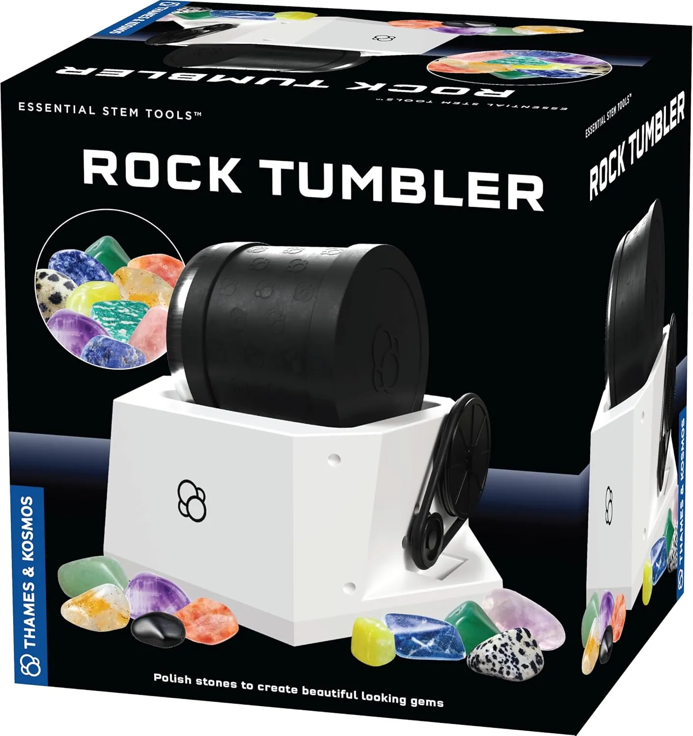 The Thames & Kosmos Rock Tumbler Essential STEM Tool | Durable, Leak-Proof, Noise-Reducing Barrel, Built-in Timer | Polish & Shine Kids Rock Collections, Includes Authentic Specimens & Polishing Grits