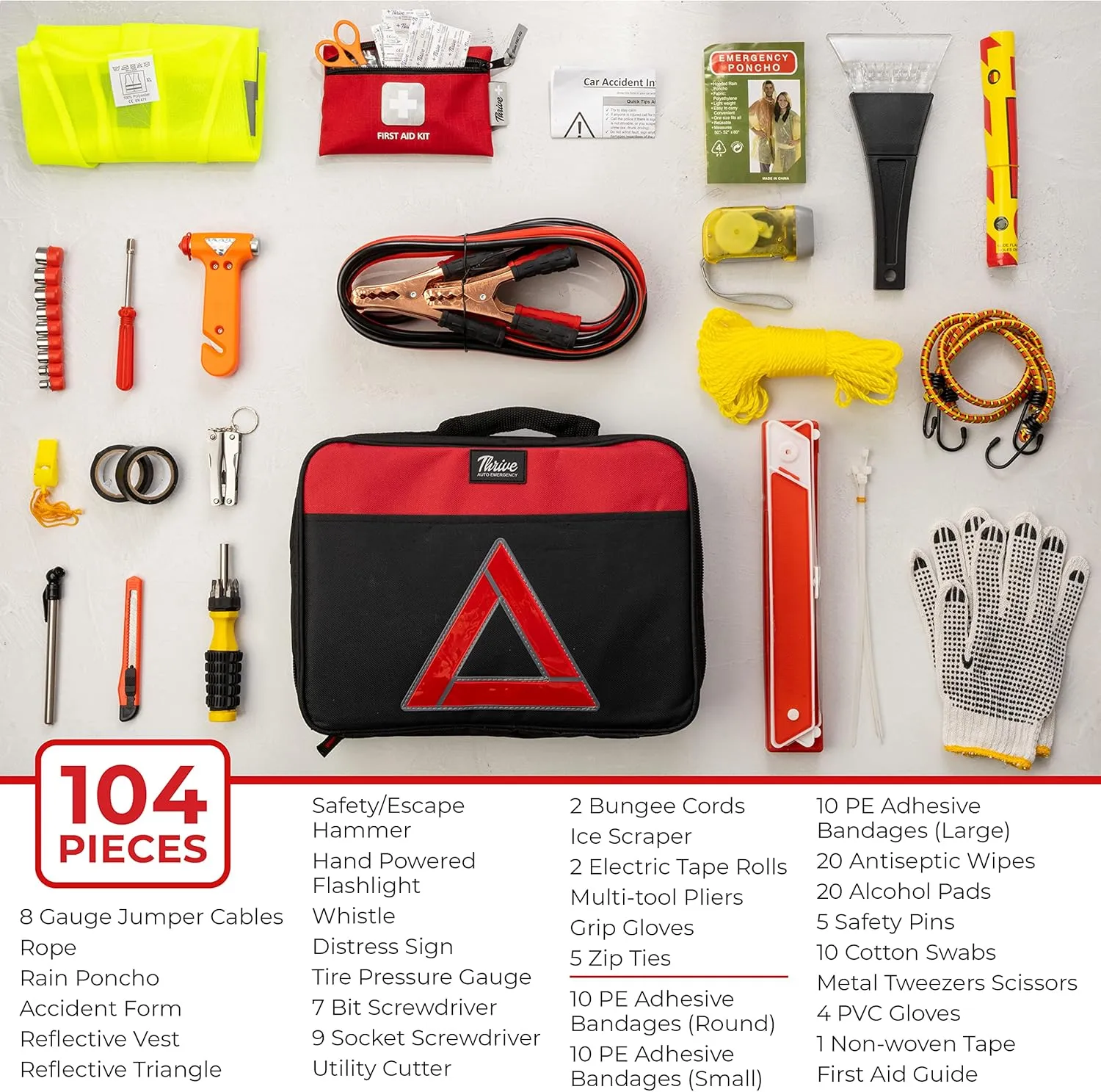 Thrive Emergency Car Kit for Vehicles – 104-Piece Roadside Emergency Kit with Jumper Cables and Mini First Aid Kit – Portable Car Emergency Supplies in Square Bag