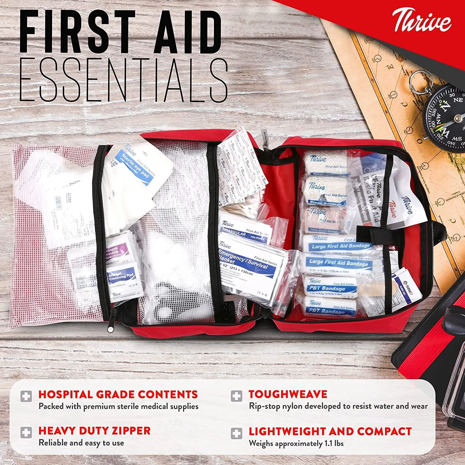 Thrive | First Aid Kit | 291 Piece Supply Kit | Hospital Grade Medical Supplies for Emergency and Survival Situations | Car, Trucks, Camping, Travel, Office, Sports, Hunting & Home