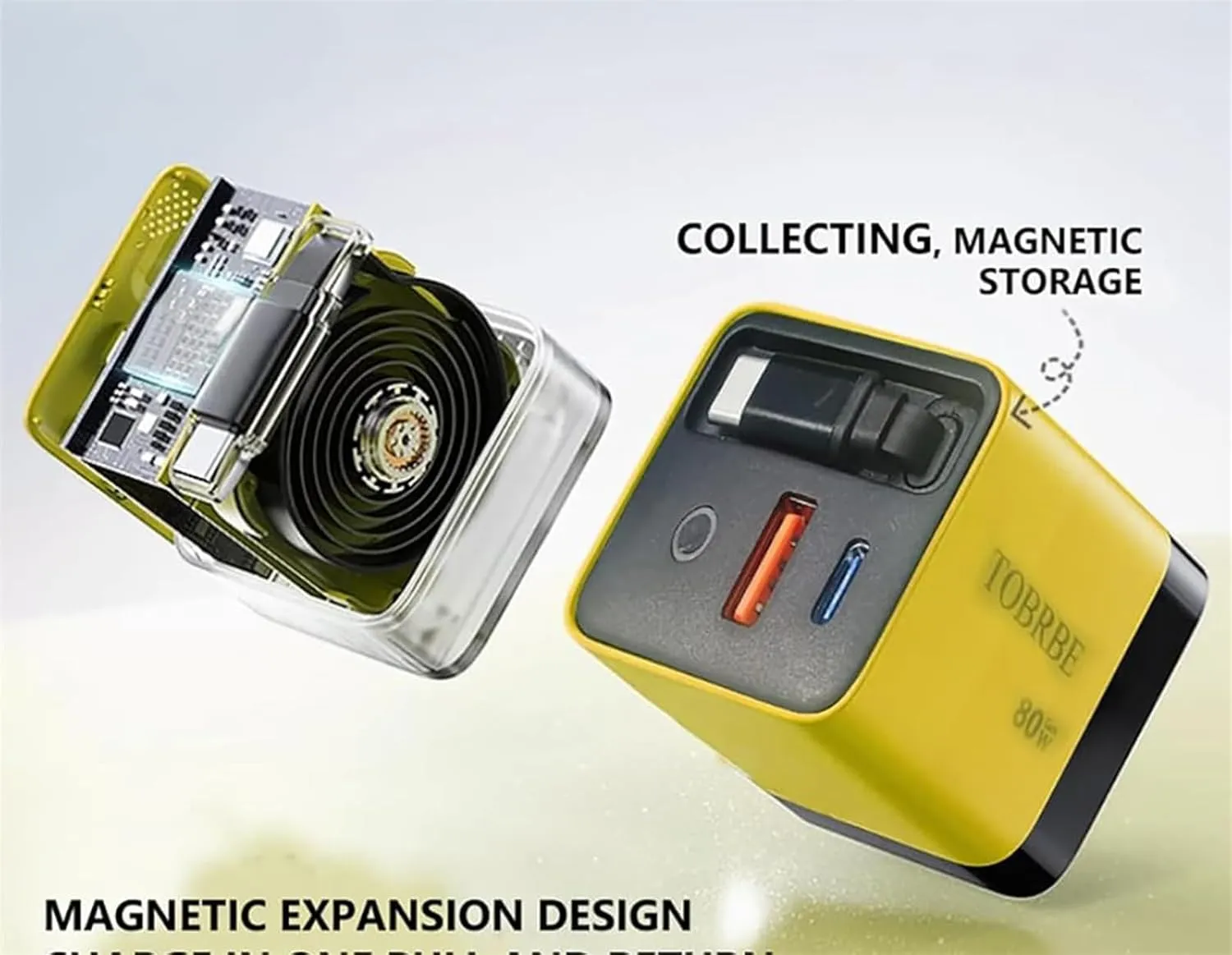 Tobre 3 in 1 Charger 80 Watt, 3 in 1 Gan Charger, Scalable 80w Max Fast Charger Module with Type-C Cable and 2 USB Ports, Retractable 80w Max All in One Charge for Phone, Laptops (Yellow)