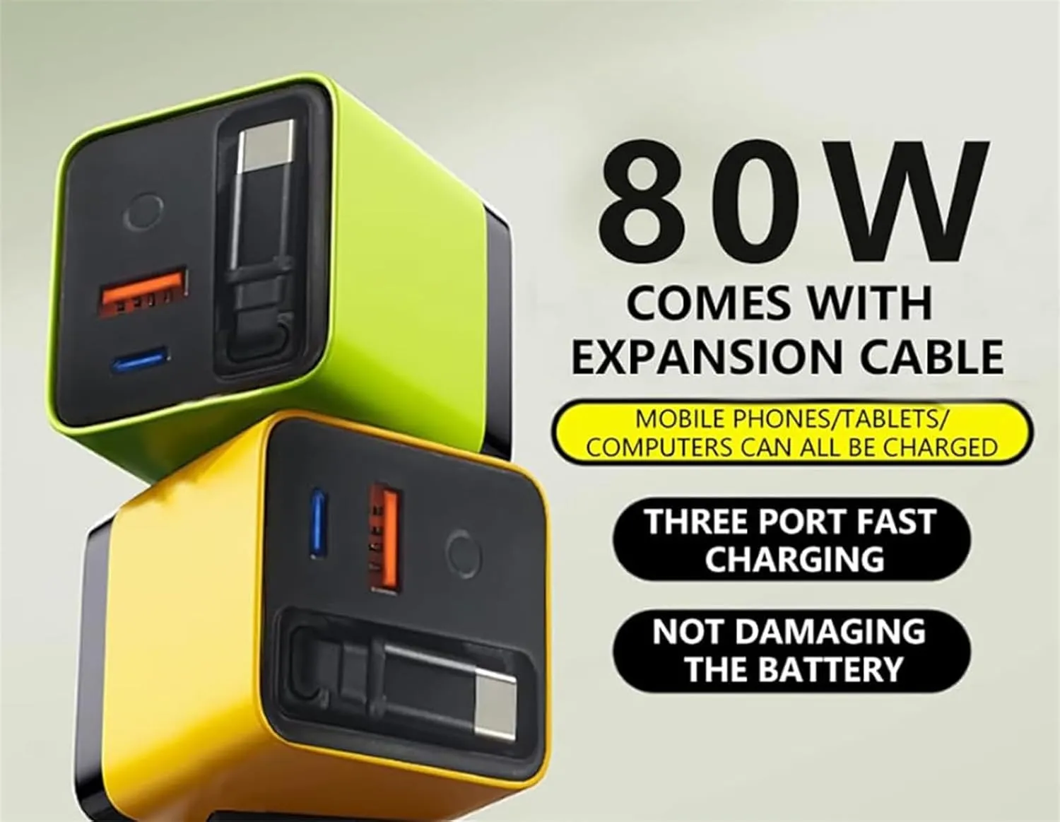 Tobre 3 in 1 Charger 80 Watt, 3 in 1 Gan Charger, Scalable 80w Max Fast Charger Module with Type-C Cable and 2 USB Ports, Retractable 80w Max All in One Charge for Phone, Laptops (Yellow)