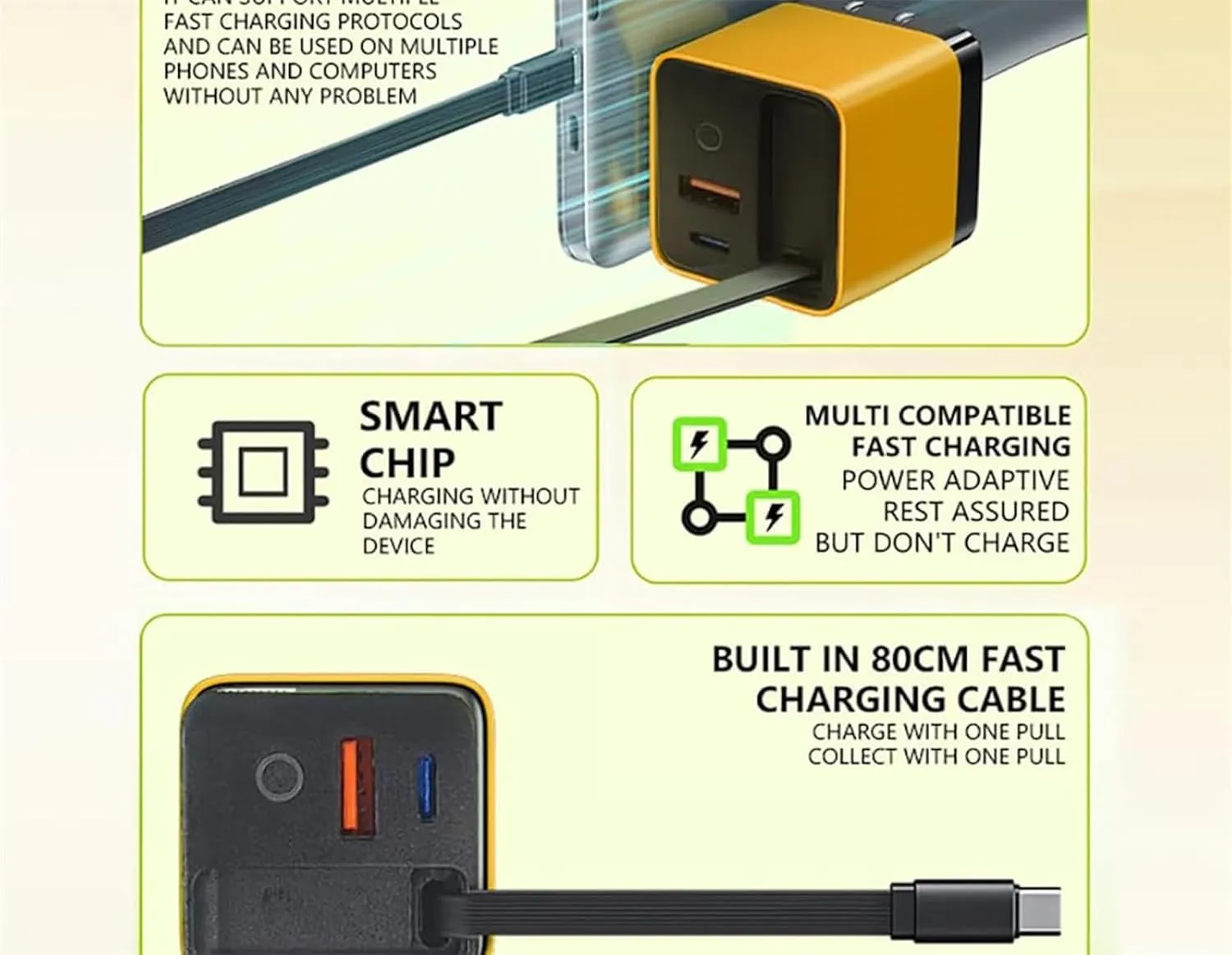 Tobre 3 in 1 Charger 80 Watt, 3 in 1 Gan Charger, Scalable 80w Max Fast Charger Module with Type-C Cable and 2 USB Ports, Retractable 80w Max All in One Charge for Phone, Laptops (Yellow)